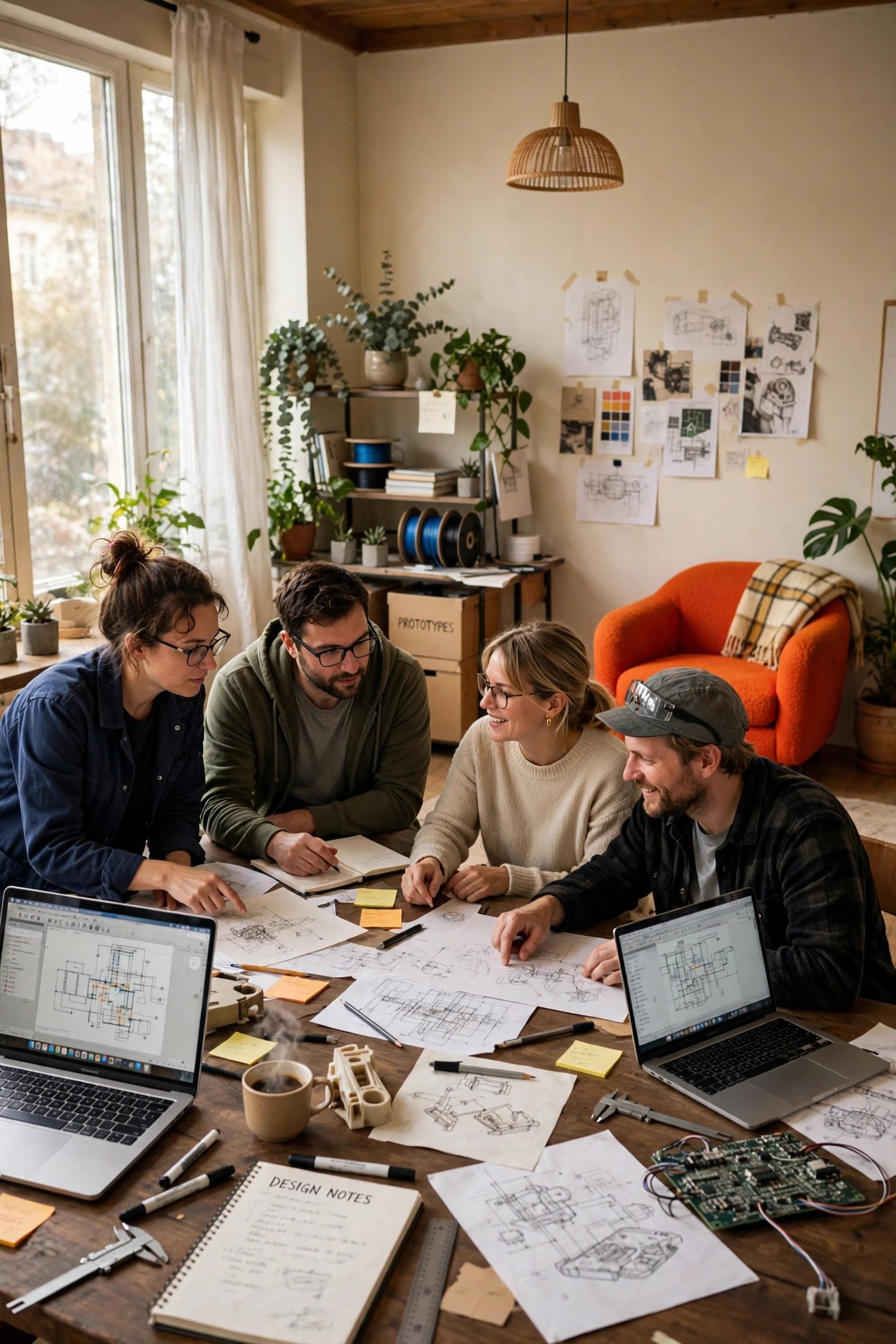 The Symbiant Systems team collaborating around a table in a bright, warm studio
