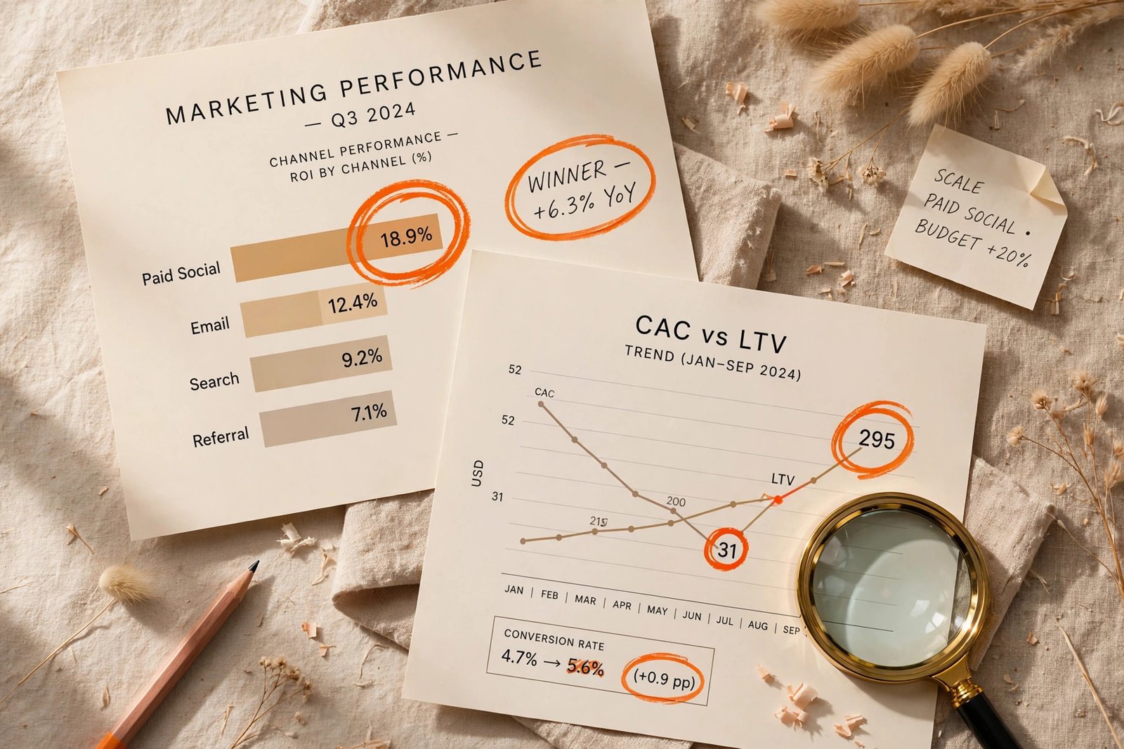 Media buyers analyzing paid social and search campaign performance on wall-mounted dashboards